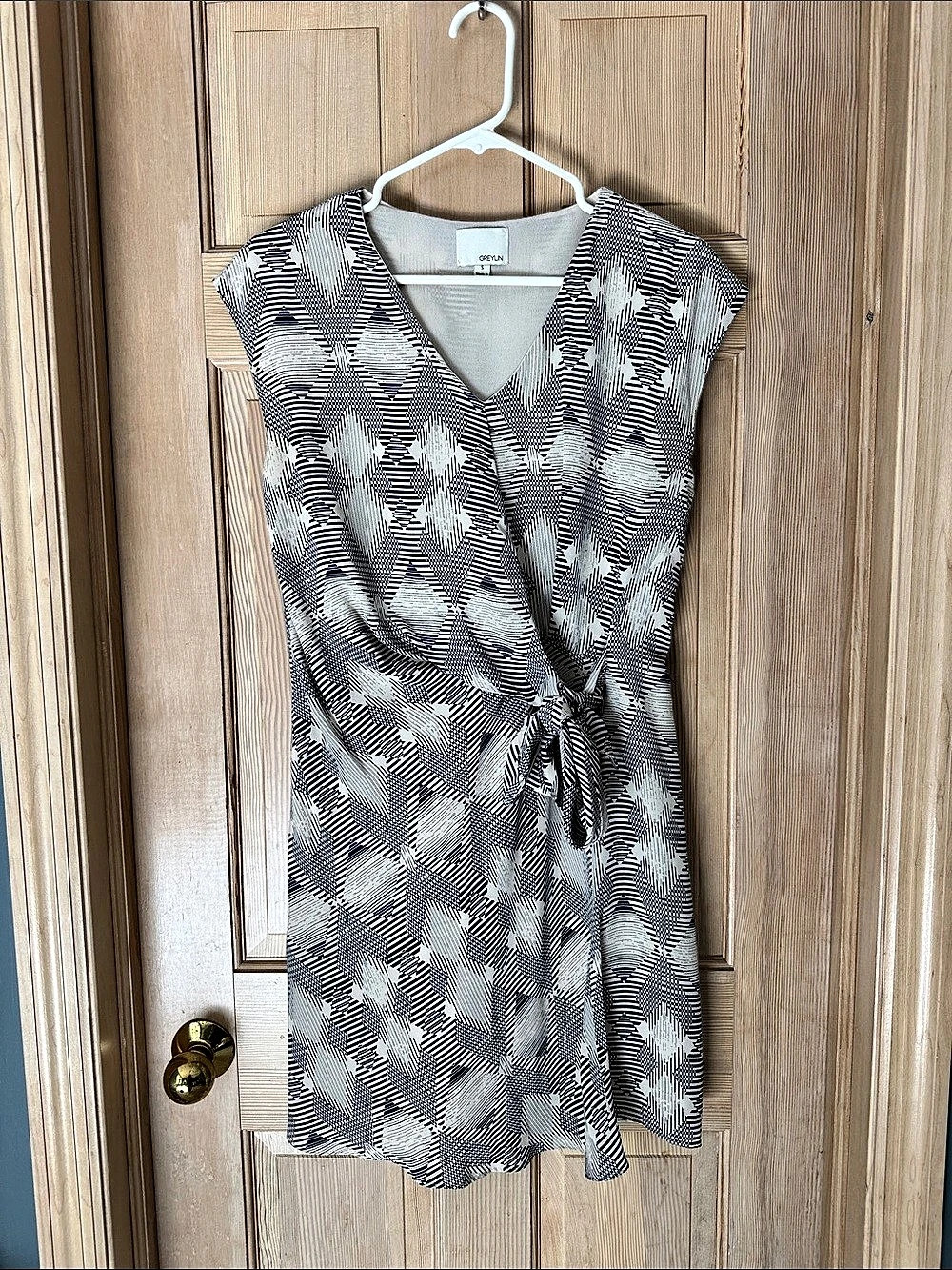 Greylin Geometric Wrap Mini Dress in Blue & White Like New